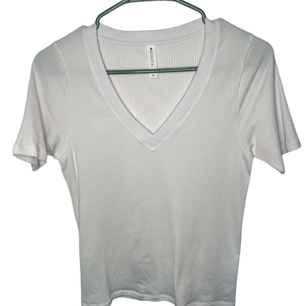 Athleta White V-Neck Ribbed Tee